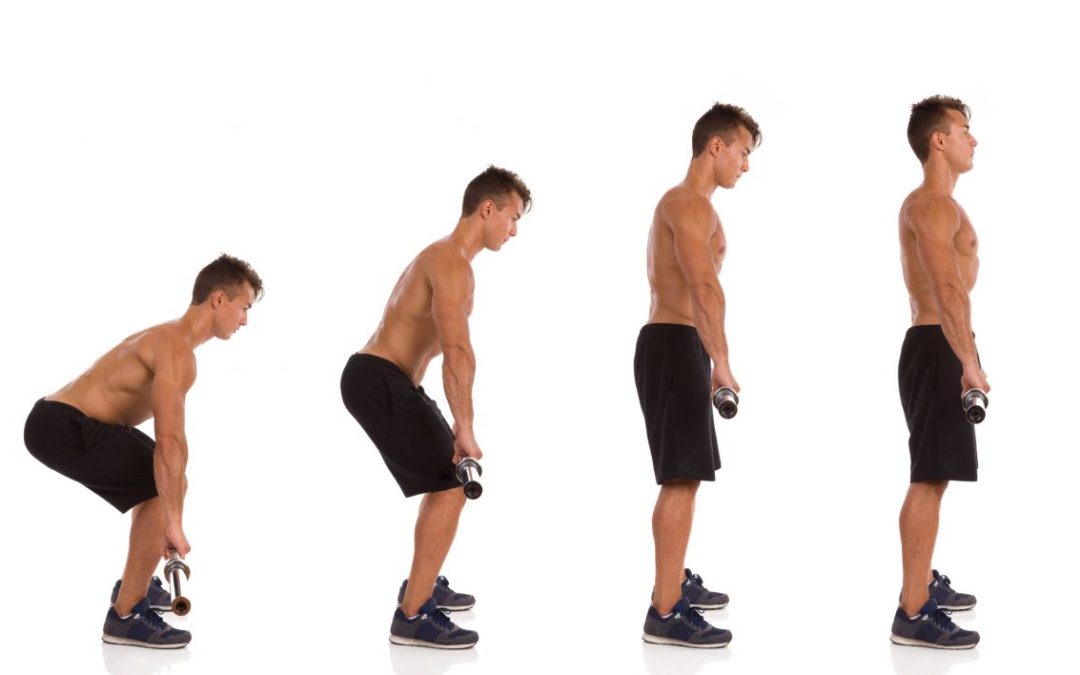 A series of photographs showing a young fit man in various positions lifting a metal bar